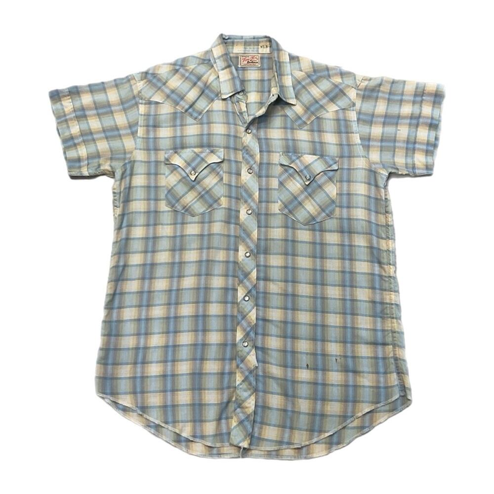 Vintage 80s Tem-Tex Western Extra Long Tail Plaid Pearl Snap Shirt